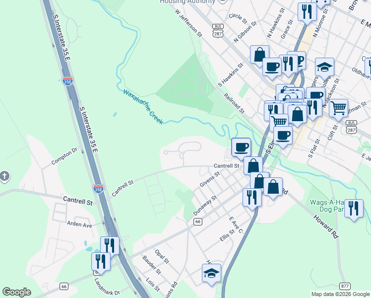 map of restaurants, bars, coffee shops, grocery stores, and more near 818 Cantrell Street in Waxahachie