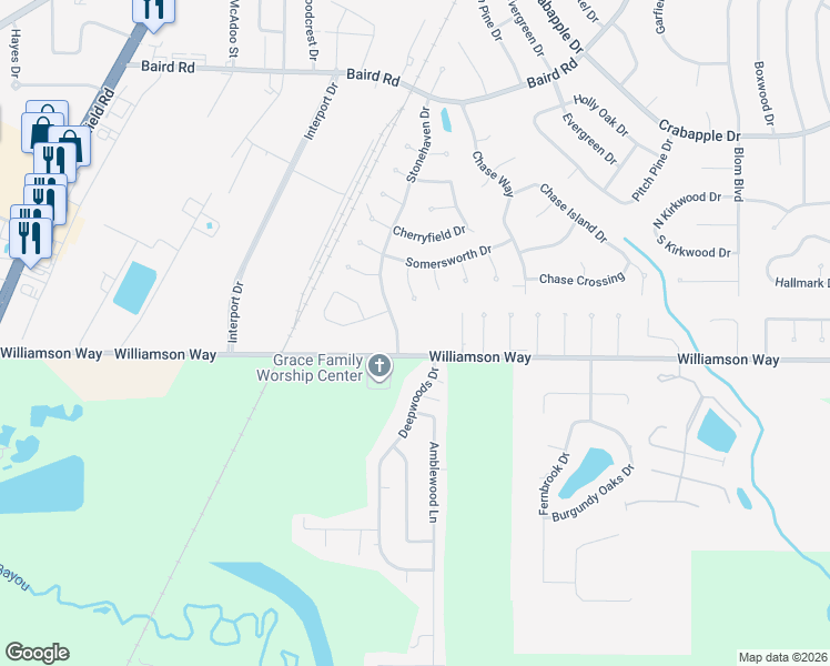map of restaurants, bars, coffee shops, grocery stores, and more near 2534 Williamson Way in Shreveport