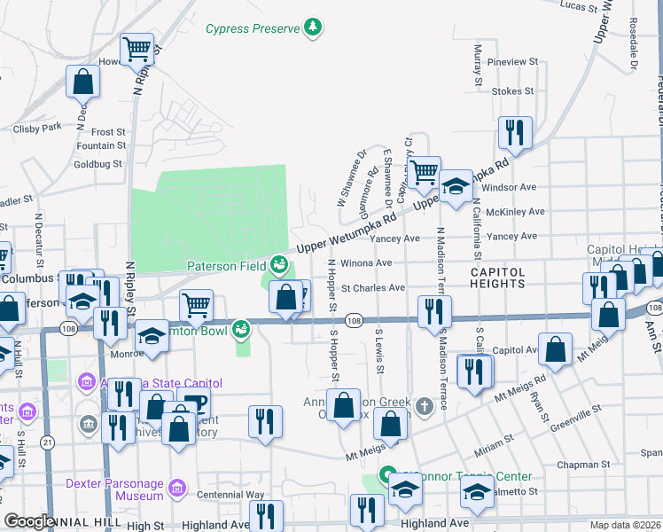 map of restaurants, bars, coffee shops, grocery stores, and more near 181 North Hopper Street in Montgomery
