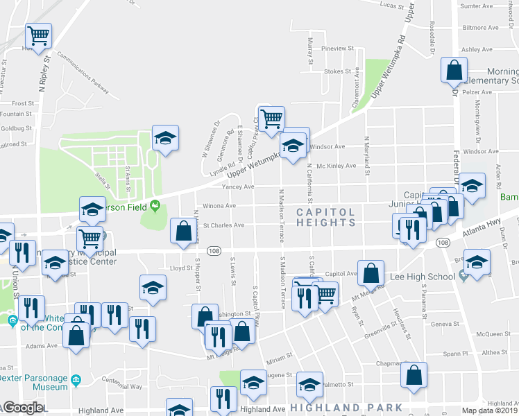map of restaurants, bars, coffee shops, grocery stores, and more near 124 North Capitol Parkway in Montgomery