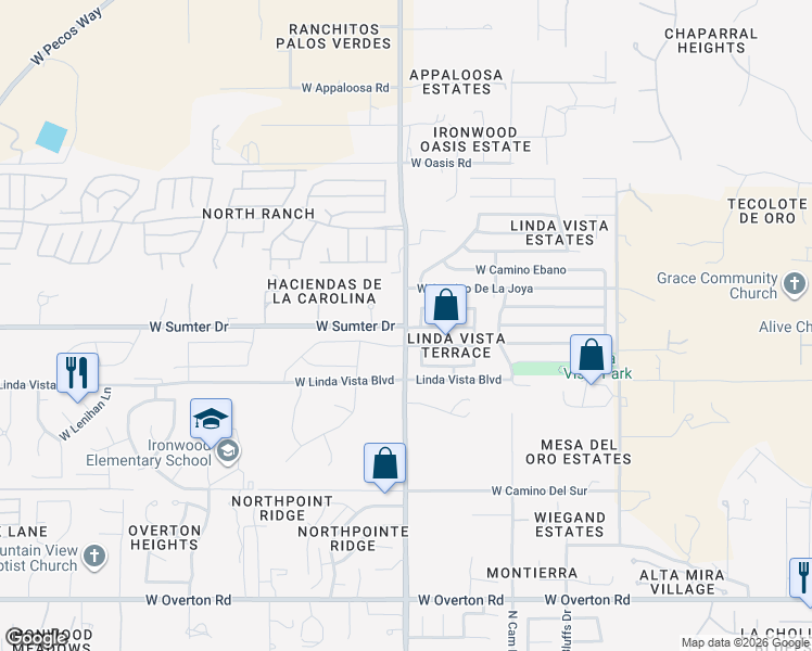 map of restaurants, bars, coffee shops, grocery stores, and more near 3045 West Sumter Drive in Tucson