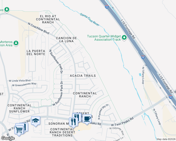 map of restaurants, bars, coffee shops, grocery stores, and more near 9640 North Deimos Drive in Tucson