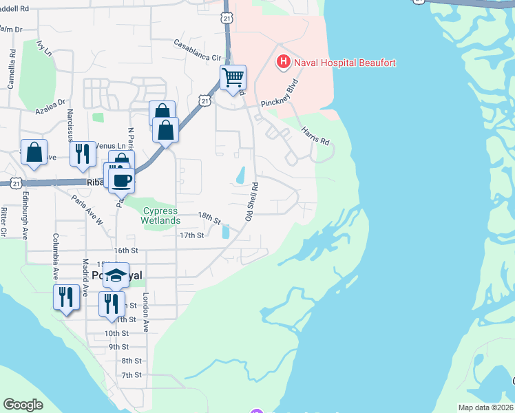 map of restaurants, bars, coffee shops, grocery stores, and more near 604 Fort Frederick Circle in Port Royal