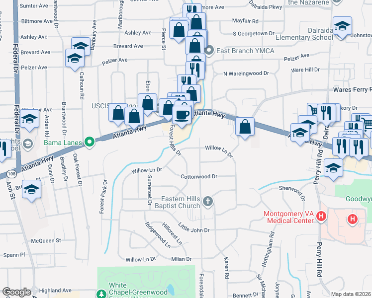 map of restaurants, bars, coffee shops, grocery stores, and more near 223 Forest Hills Drive in Montgomery