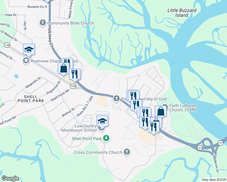 map of restaurants, bars, coffee shops, grocery stores, and more near 30 Presnell Circle in Beaufort
