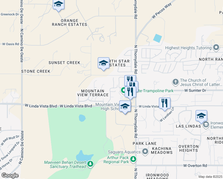 map of restaurants, bars, coffee shops, grocery stores, and more near 9757 North Sherbrooke Street in Tucson