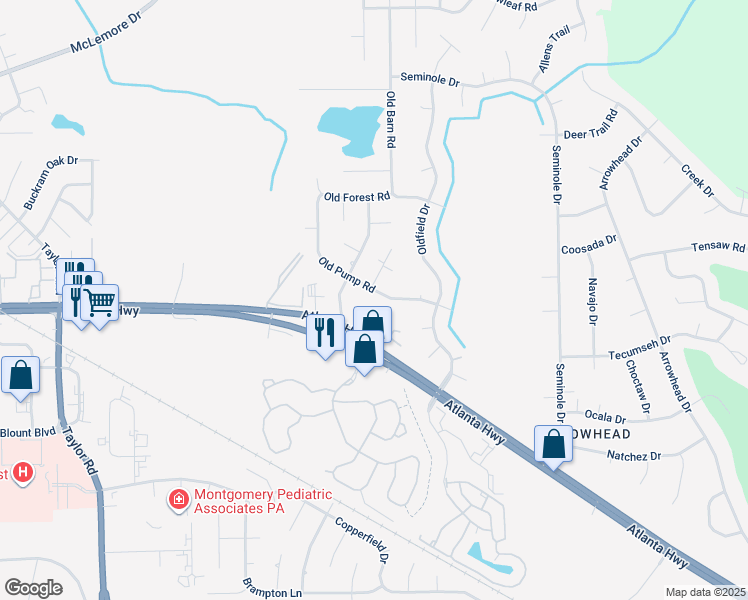 map of restaurants, bars, coffee shops, grocery stores, and more near 101 Old Pump Court in Montgomery