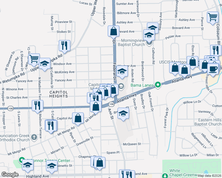 map of restaurants, bars, coffee shops, grocery stores, and more near in Montgomery