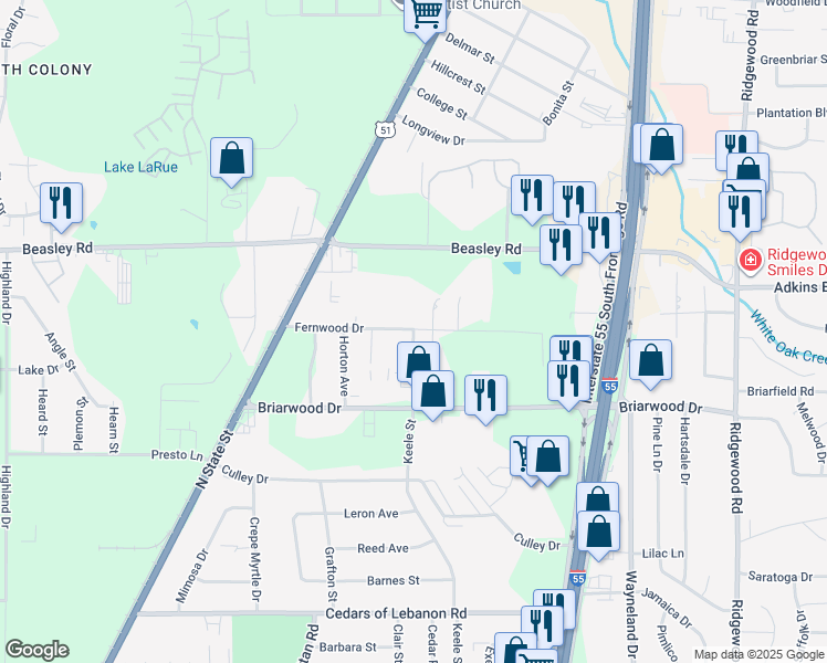 map of restaurants, bars, coffee shops, grocery stores, and more near 266 Fernwood Drive in Jackson