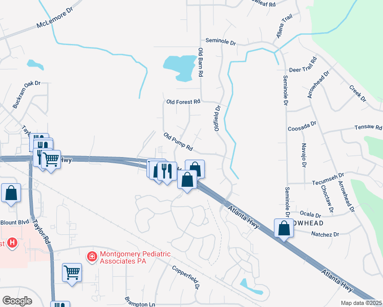 map of restaurants, bars, coffee shops, grocery stores, and more near 101 Old Pump Court in Montgomery