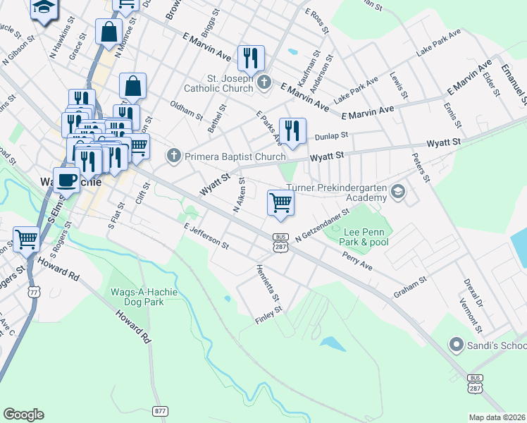 map of restaurants, bars, coffee shops, grocery stores, and more near 207 North Young Street in Waxahachie