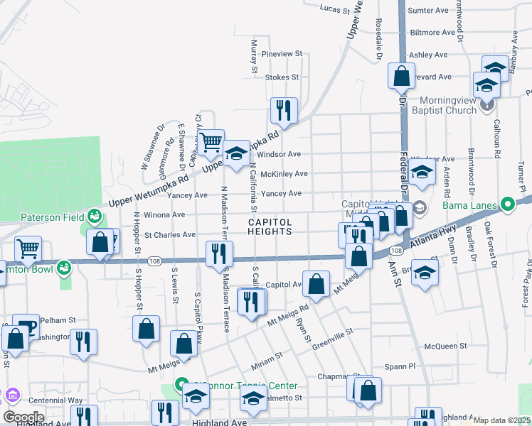 map of restaurants, bars, coffee shops, grocery stores, and more near 1918 Winona Avenue in Montgomery