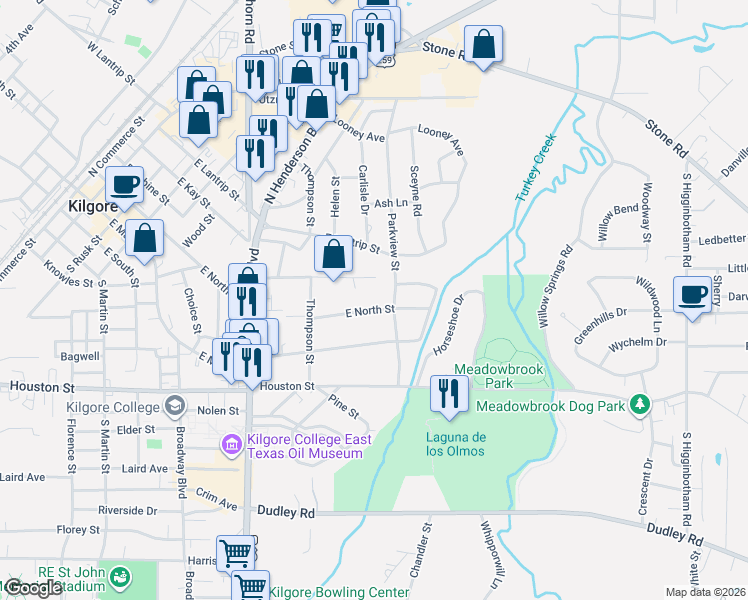 map of restaurants, bars, coffee shops, grocery stores, and more near 307 Parkview Street in Kilgore