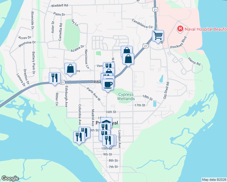 map of restaurants, bars, coffee shops, grocery stores, and more near 1681 Ribaut Road in Port Royal