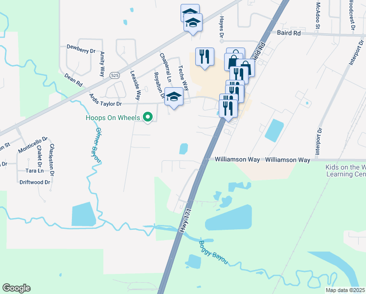 map of restaurants, bars, coffee shops, grocery stores, and more near 9700 Mansfield Road in Shreveport
