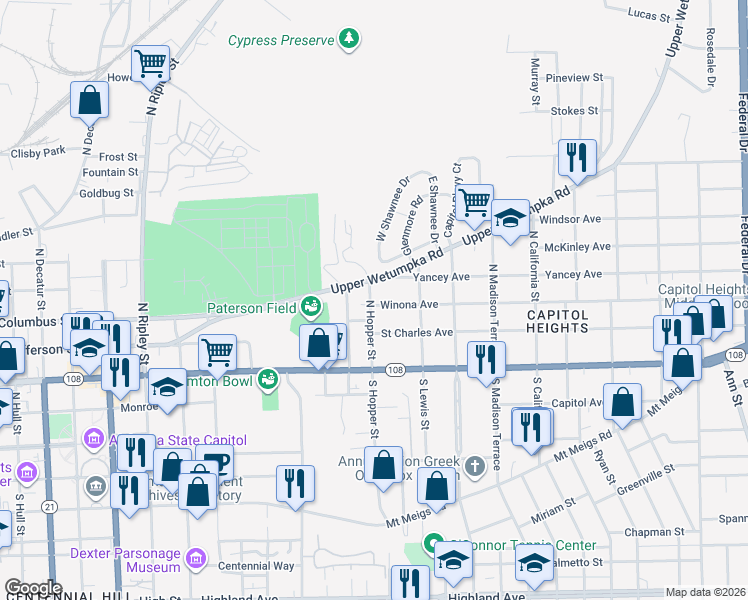 map of restaurants, bars, coffee shops, grocery stores, and more near 1422 Upper Wetumpka Road in Montgomery