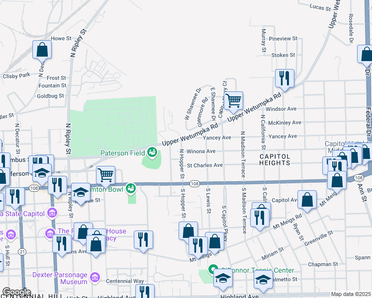 map of restaurants, bars, coffee shops, grocery stores, and more near 1511 Winona Avenue in Montgomery