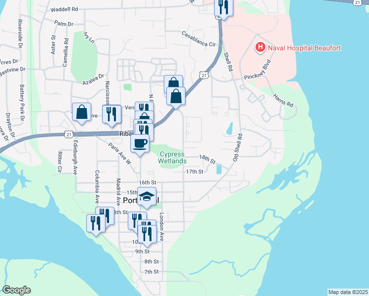 map of restaurants, bars, coffee shops, grocery stores, and more near 9 Hillstead Ln in Port Royal