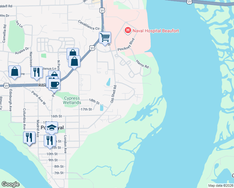 map of restaurants, bars, coffee shops, grocery stores, and more near 1712 Old Shell Road in Port Royal