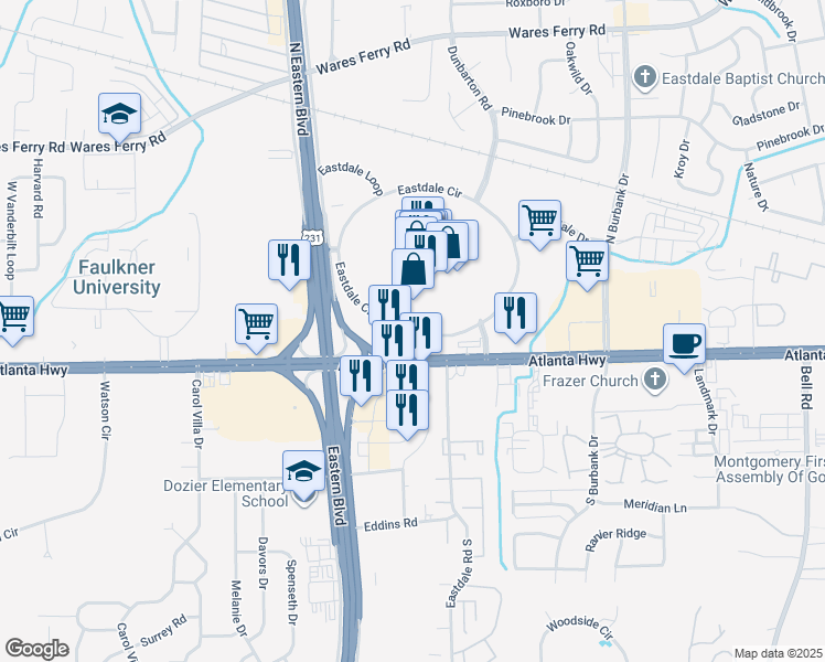 map of restaurants, bars, coffee shops, grocery stores, and more near 3727 Eastdale Circle in Montgomery