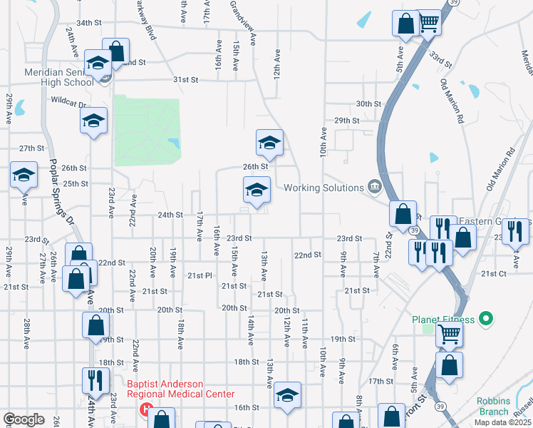 map of restaurants, bars, coffee shops, grocery stores, and more near 1350 24th Street in Meridian