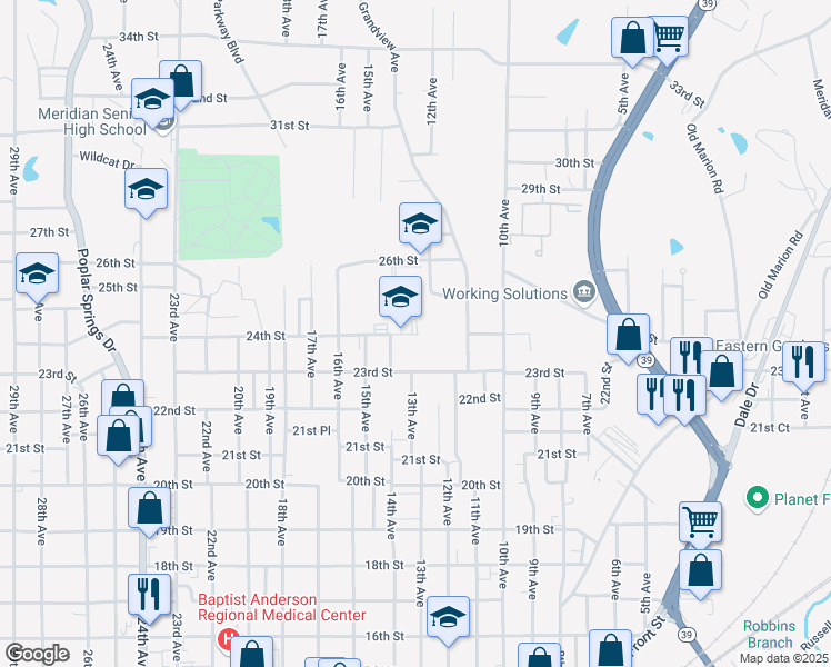 map of restaurants, bars, coffee shops, grocery stores, and more near 1350 24th Street in Meridian