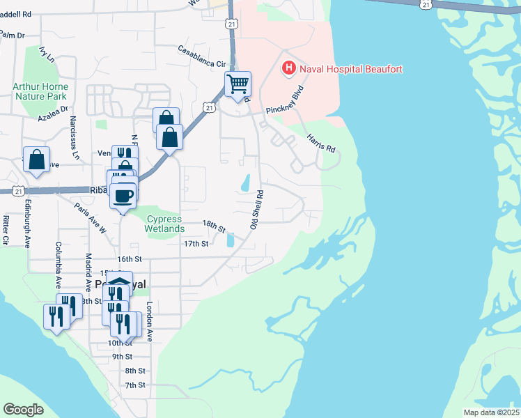 map of restaurants, bars, coffee shops, grocery stores, and more near 1712 Old Shell Road in Port Royal