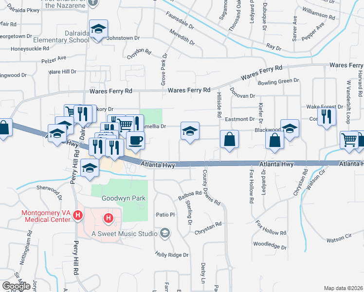 map of restaurants, bars, coffee shops, grocery stores, and more near 50 Ranch Drive in Montgomery