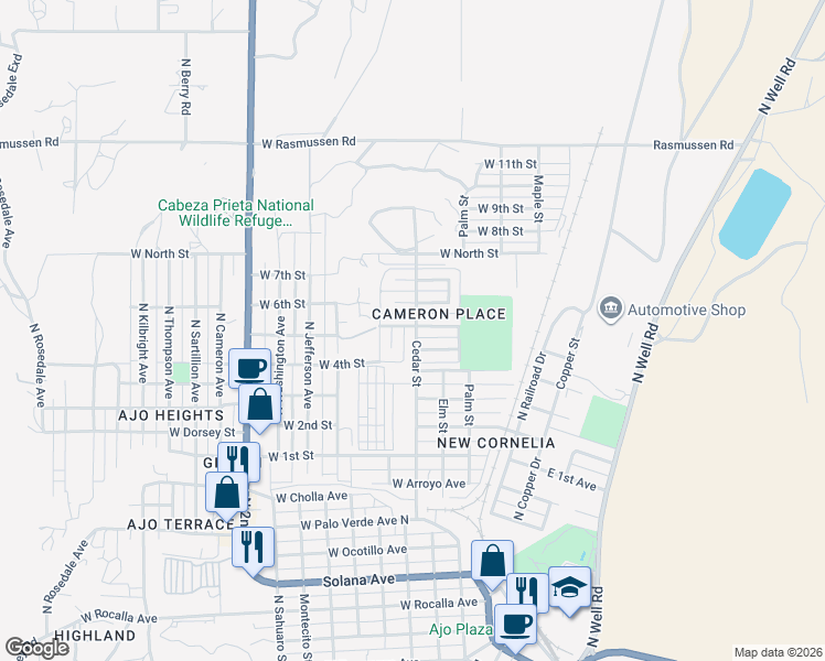 map of restaurants, bars, coffee shops, grocery stores, and more near 1301 Cedar Street in Ajo
