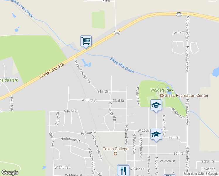 map of restaurants, bars, coffee shops, grocery stores, and more near 3304 North Luberta Street in Tyler