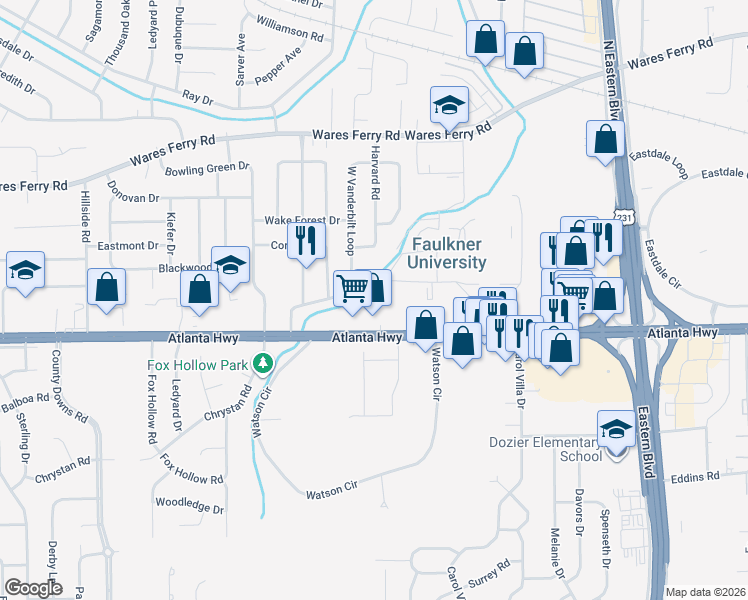 map of restaurants, bars, coffee shops, grocery stores, and more near 5157 Atlanta Highway in Montgomery