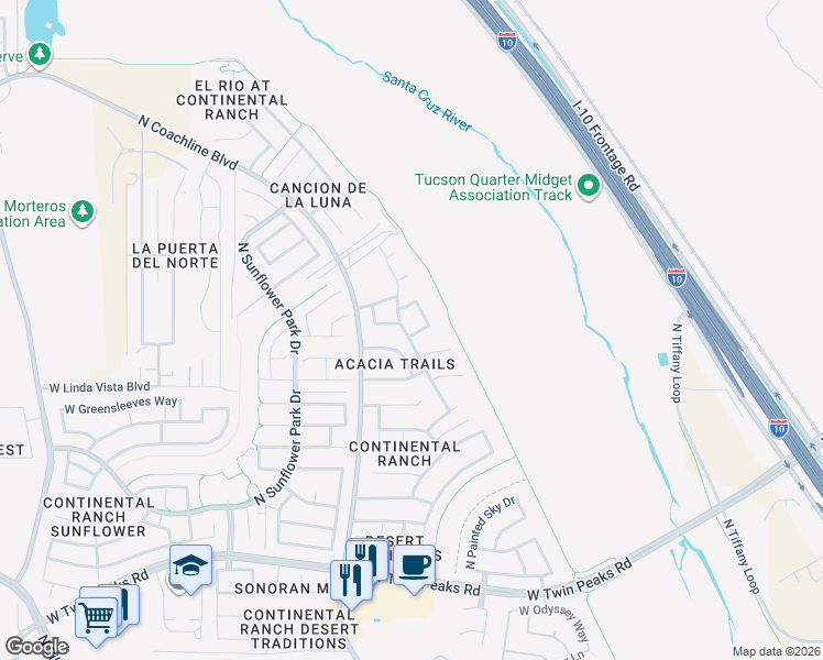 map of restaurants, bars, coffee shops, grocery stores, and more near 9704 North Long Creek Drive in Tucson