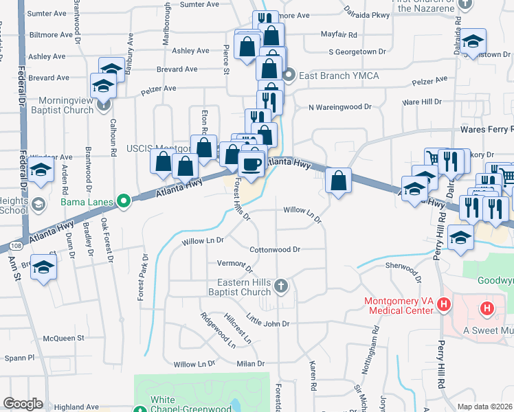 map of restaurants, bars, coffee shops, grocery stores, and more near 178 Green Ridge Road in Montgomery