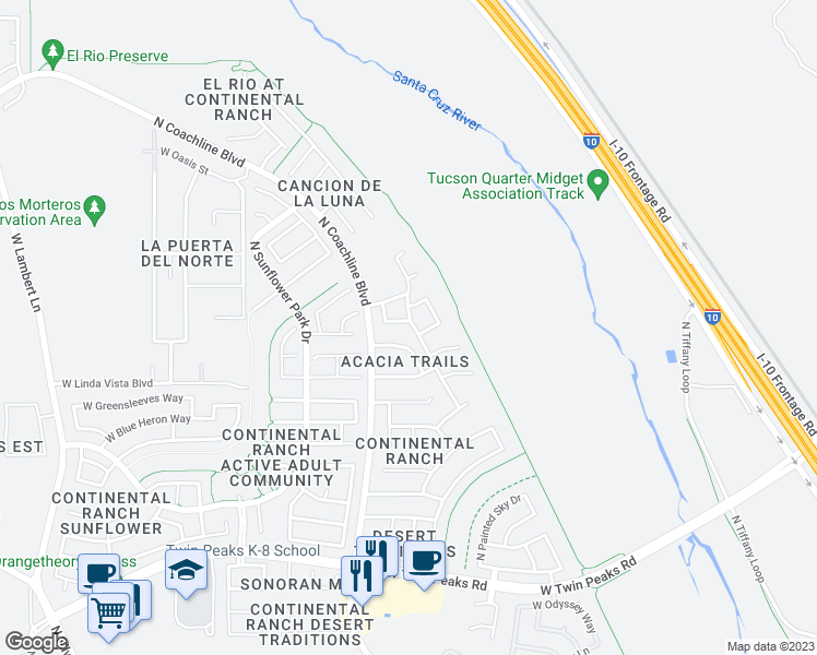 map of restaurants, bars, coffee shops, grocery stores, and more near 7511 West Splendor Drive in Tucson