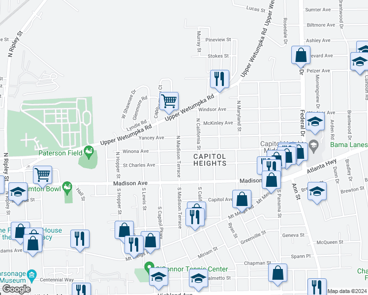 map of restaurants, bars, coffee shops, grocery stores, and more near 1809 Winona Avenue in Montgomery