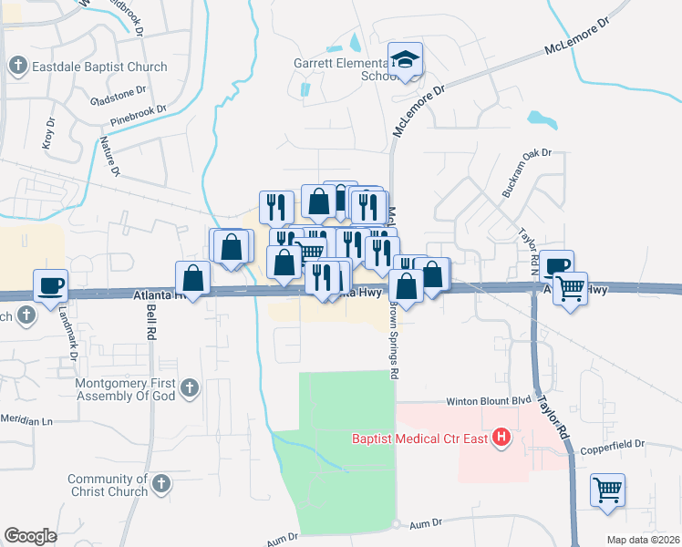 map of restaurants, bars, coffee shops, grocery stores, and more near 6561 Atlanta Highway in Montgomery