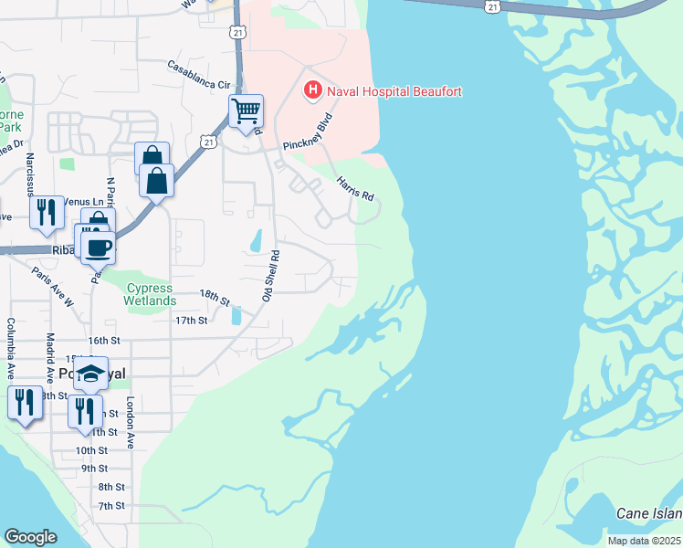 map of restaurants, bars, coffee shops, grocery stores, and more near 638 Fort Frederick Circle in Port Royal