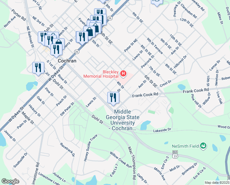 map of restaurants, bars, coffee shops, grocery stores, and more near 183 Southeast 3rd Street in Cochran