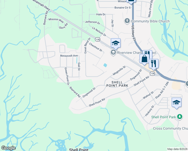 map of restaurants, bars, coffee shops, grocery stores, and more near 155 Great Bend Drive in Beaufort