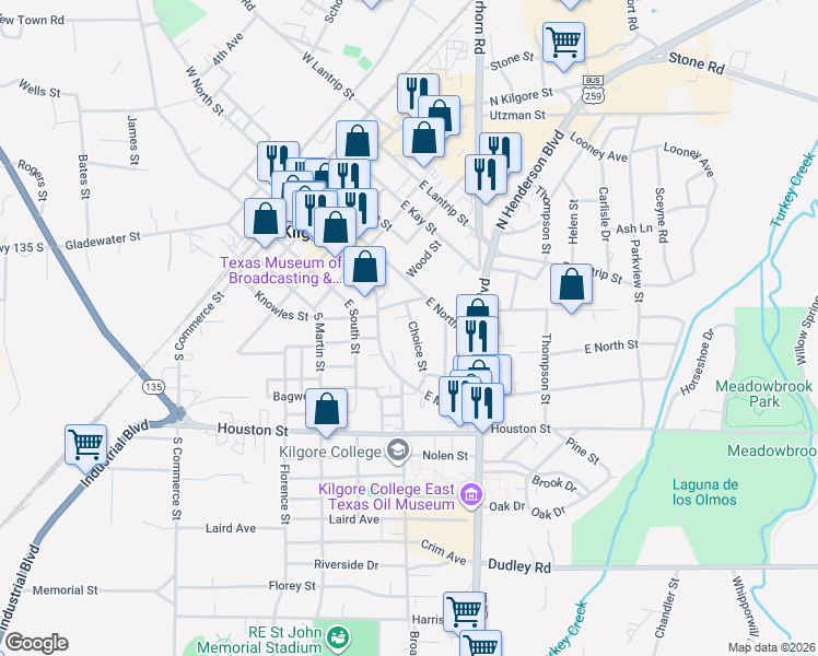 map of restaurants, bars, coffee shops, grocery stores, and more near 609 Benton Street in Kilgore