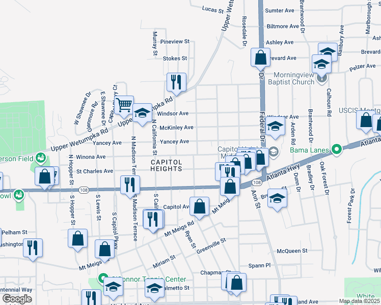 map of restaurants, bars, coffee shops, grocery stores, and more near 2043 Winona Avenue in Montgomery