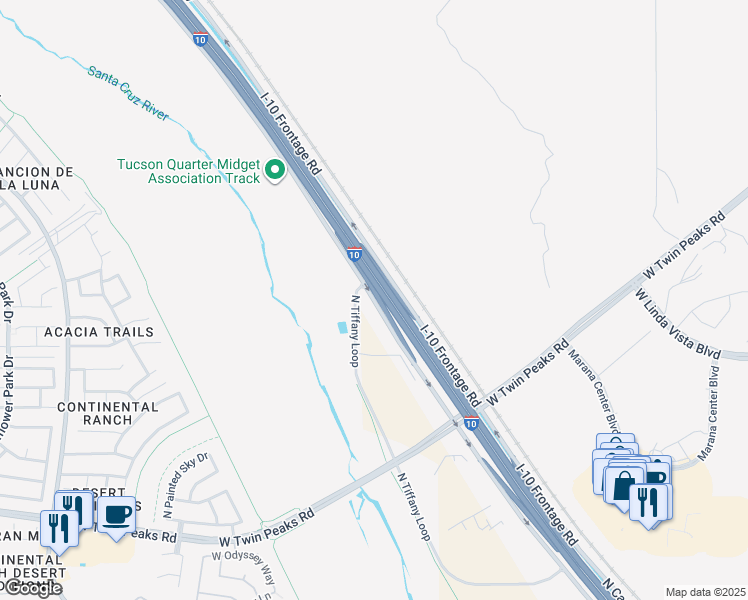 map of restaurants, bars, coffee shops, grocery stores, and more near Interstate 10 Frontage Road in Tucson