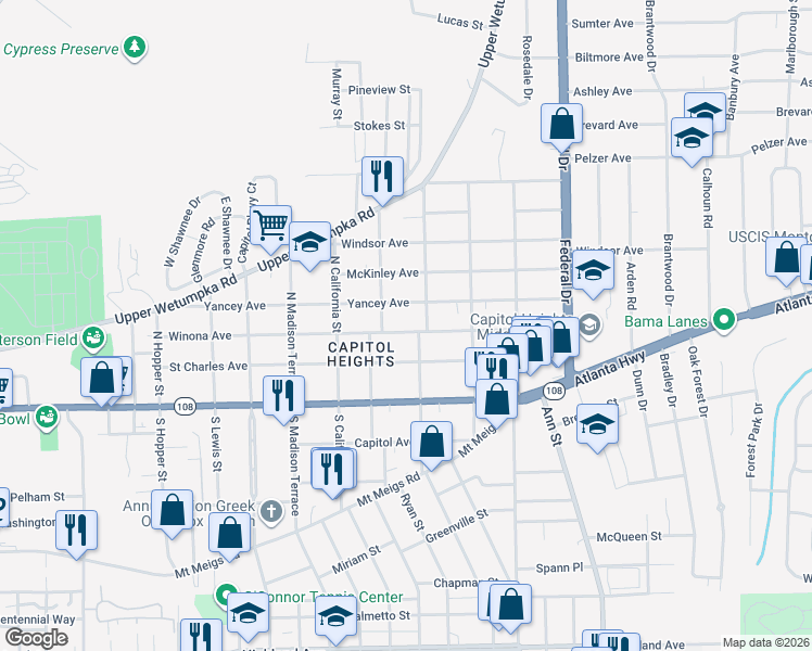 map of restaurants, bars, coffee shops, grocery stores, and more near 2028 Yancey Avenue in Montgomery