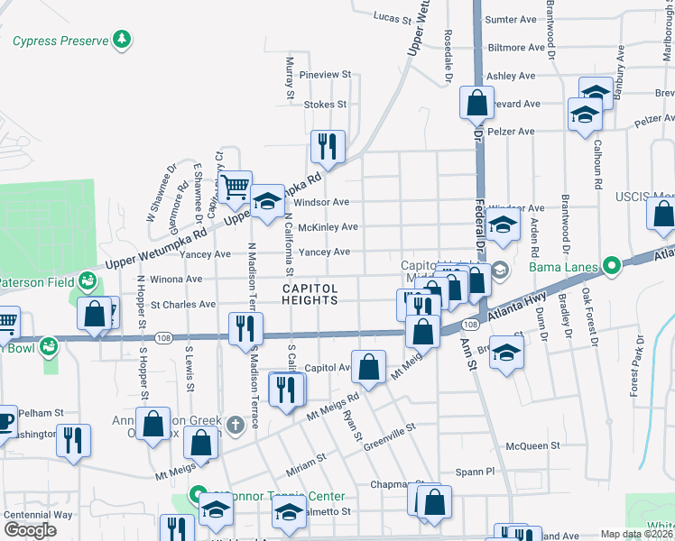 map of restaurants, bars, coffee shops, grocery stores, and more near 1936 Yancey Avenue in Montgomery
