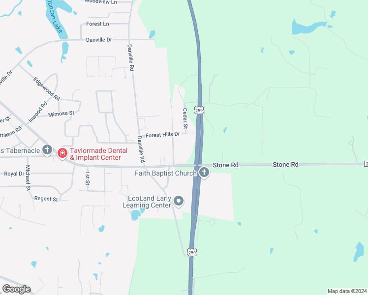 map of restaurants, bars, coffee shops, grocery stores, and more near 400 Pine Burr Lane in Kilgore