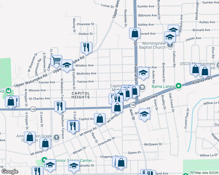 map of restaurants, bars, coffee shops, grocery stores, and more near 2149 Winona Avenue in Montgomery