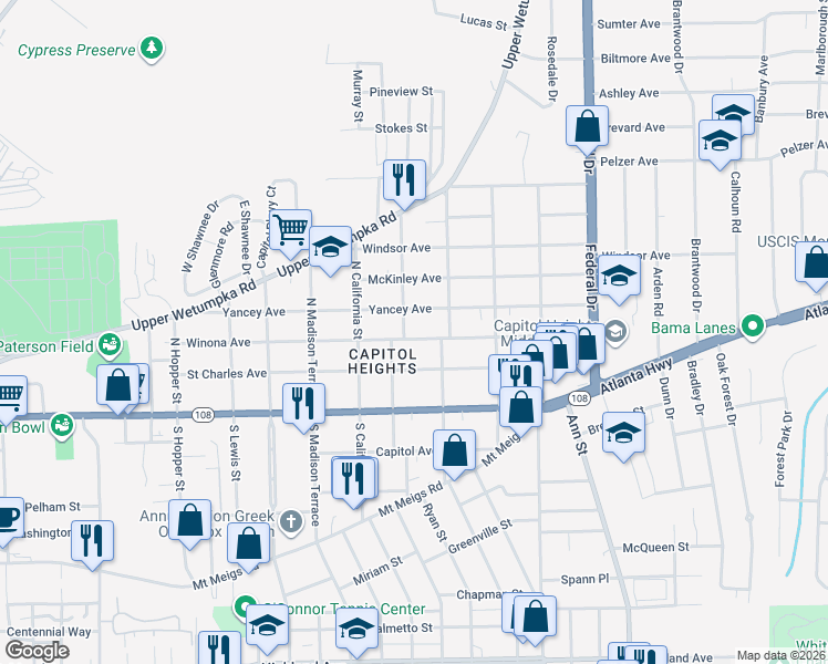 map of restaurants, bars, coffee shops, grocery stores, and more near 1936 Yancey Avenue in Montgomery