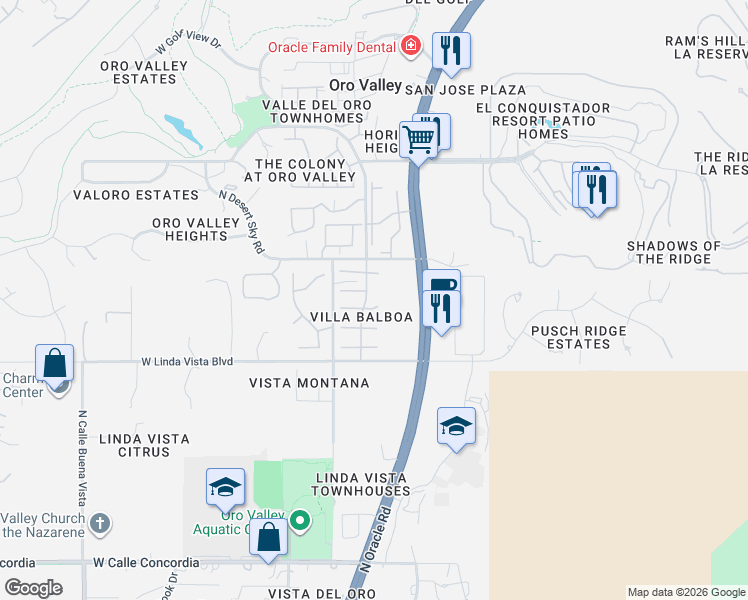 map of restaurants, bars, coffee shops, grocery stores, and more near 311 East Suntree Street in Oro Valley
