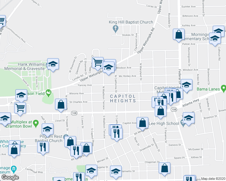 map of restaurants, bars, coffee shops, grocery stores, and more near 1831 Winona Avenue in Montgomery