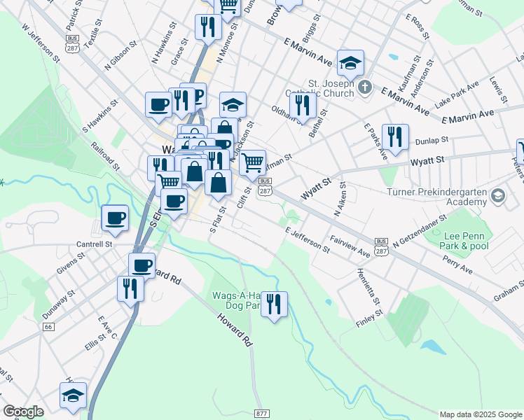 map of restaurants, bars, coffee shops, grocery stores, and more near 411 East Jefferson Street in Waxahachie